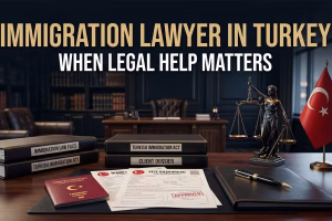 Immigration lawyer in Turkey legal concept with passport, residence permit documents and law office desk