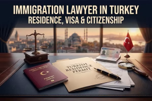 Immigration lawyer Turkey legal concept with passport, residence permit file, visa documents and law office desk