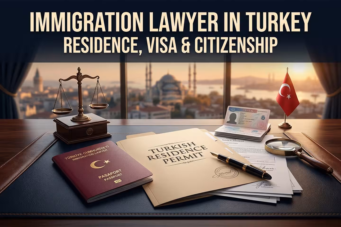 Immigration lawyer Turkey legal concept with passport, residence permit file, visa documents and law office desk