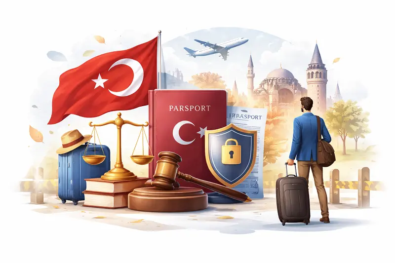 Conceptual illustration of a traveler waiting at border control with passport and Turkish flag, representing whether entry to Turkey is possible while an entry ban removal case is ongoing