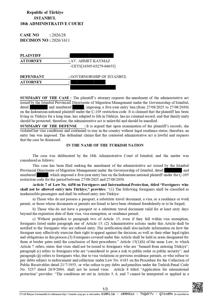 First page of translated court decision in English about lifting overstay entry ban in Turkey