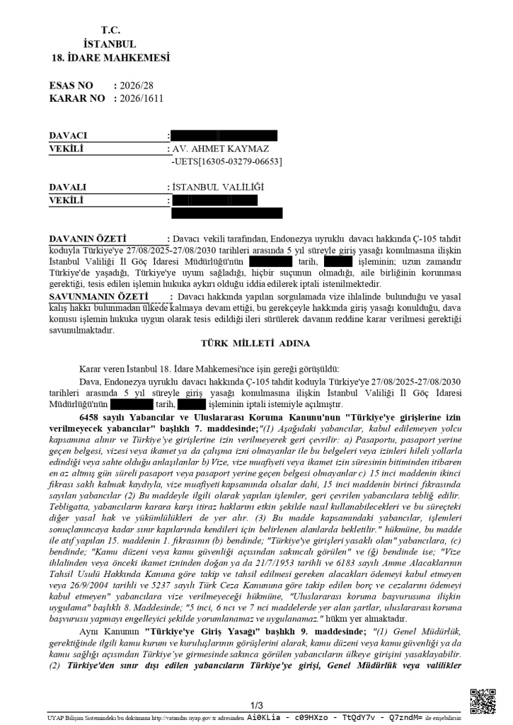 First page of Turkish court decision regarding lifting overstay entry ban in Turkey for a foreign national