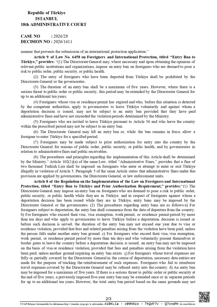 Second page of English court decision translation explaining legal grounds for removing entry ban in Turkey