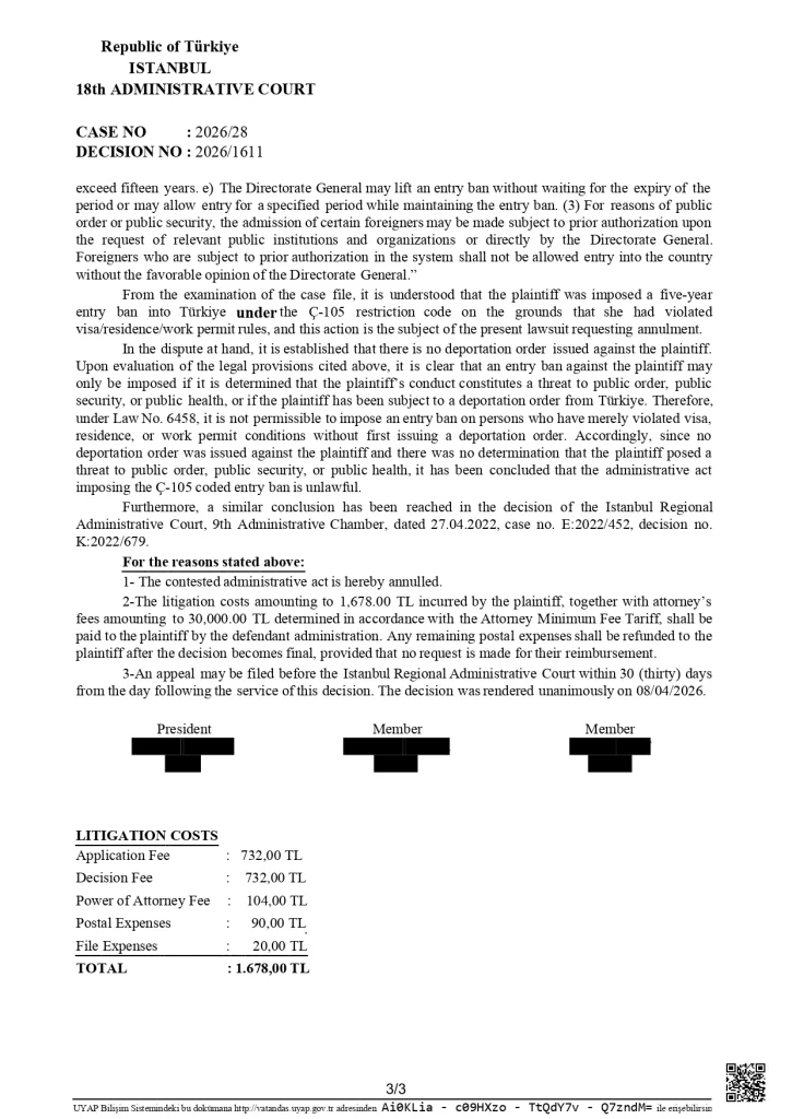 Final page of English translated court decision confirming successful removal of entry ban in Turkey