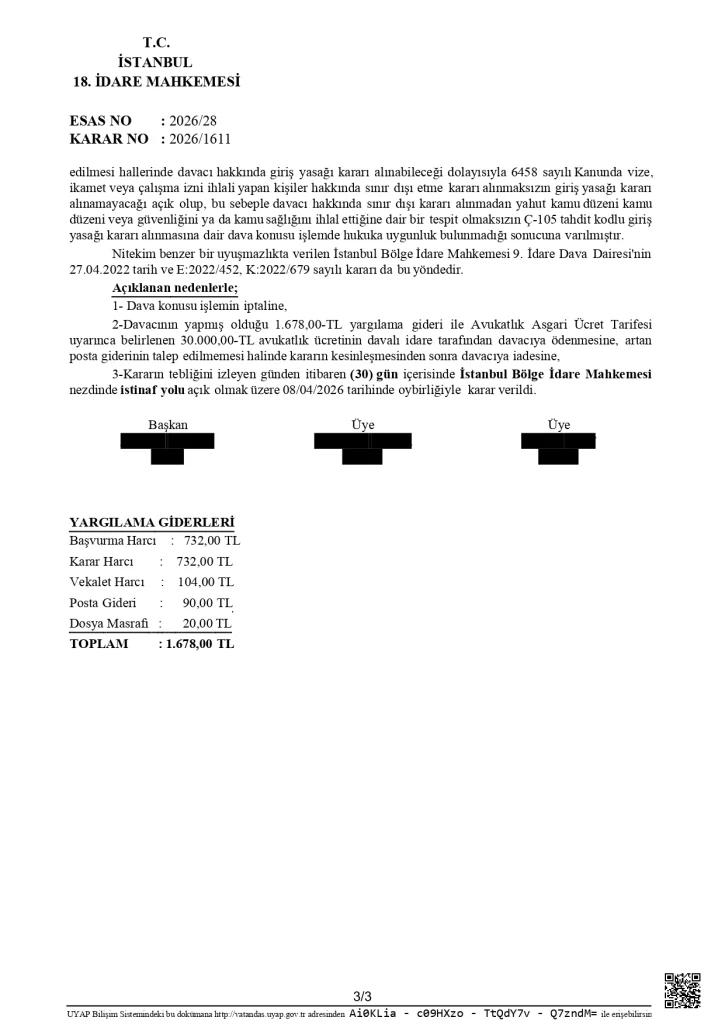 Final page of Turkish court decision confirming removal of overstay entry ban in Turkey