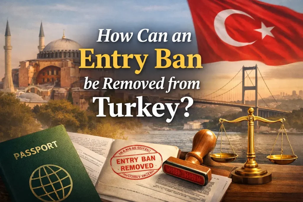 Illustration of Turkey entry ban removal process with Turkish flag, passport, legal documents, and Istanbul landmarks symbolizing immigration law and lifting entry ban in Turkey