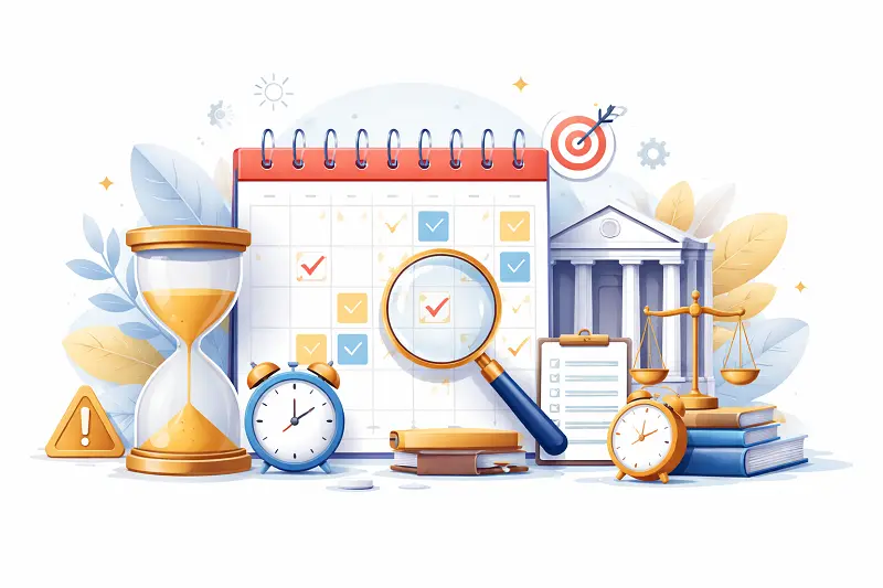 Calendar, hourglass, and legal symbols representing deadlines and time limits for appealing and removing an entry ban in Turkey under immigration law