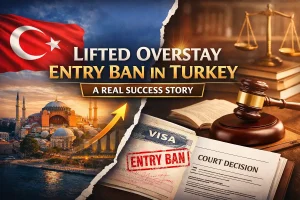 Illustration of Turkey flag, Istanbul skyline and court gavel representing a successful case of lifting overstay entry ban in Turkey by a lawyer