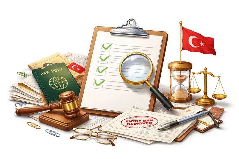 Checklist and legal documents showing step-by-step process to remove entry ban in Turkey, including application review, passport, and legal verification tools