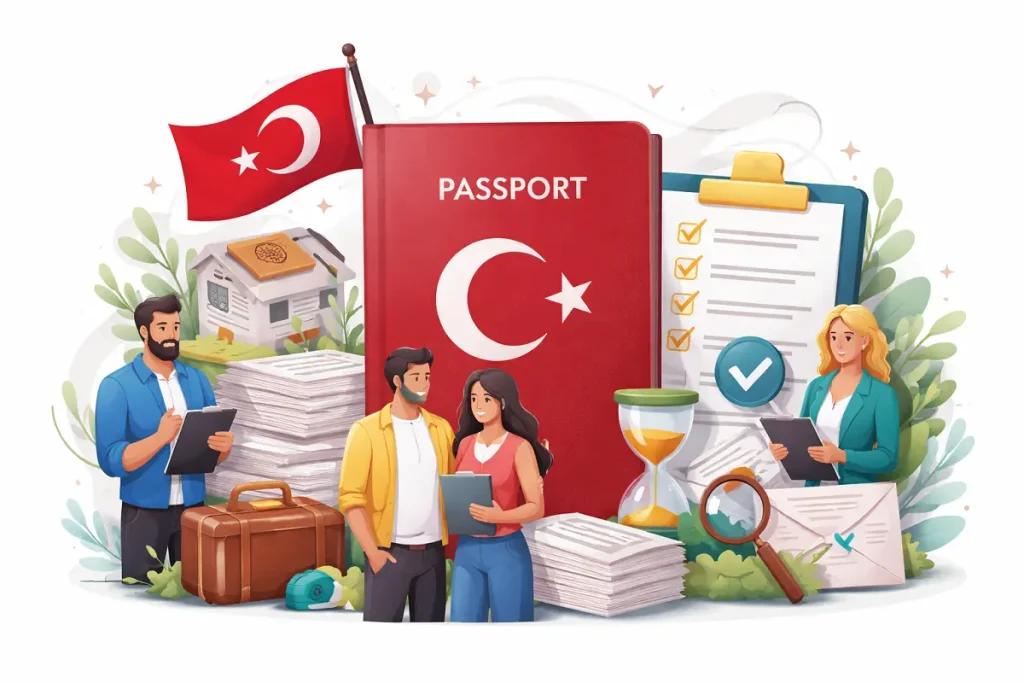 Illustration of Turkish Citizenship by Naturalization step-by-step process including application documents, passport, residence requirement and legal review in Turkey