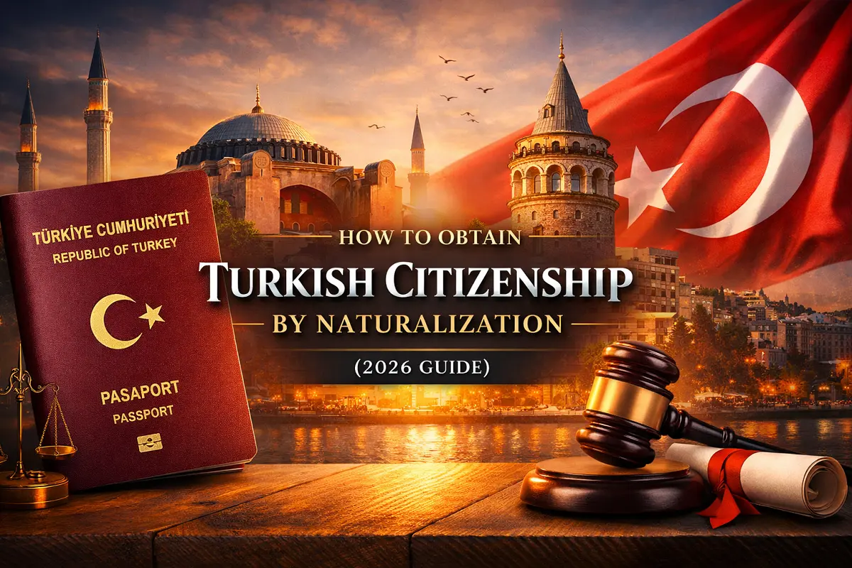 Turkish Citizenship by Naturalization process in Turkey shown with passport, Turkish flag, landmarks and legal symbols for 5 years residence requirement (2026 guide)