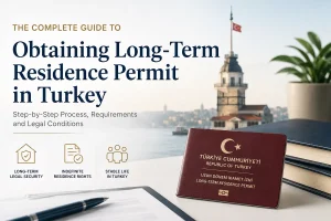 Obtaining Long-Term Residence Permit in Turkey guide featuring a Turkish long-term residence permit card, Istanbul skyline, and legal residency documents related to permanent residency in Turkey.