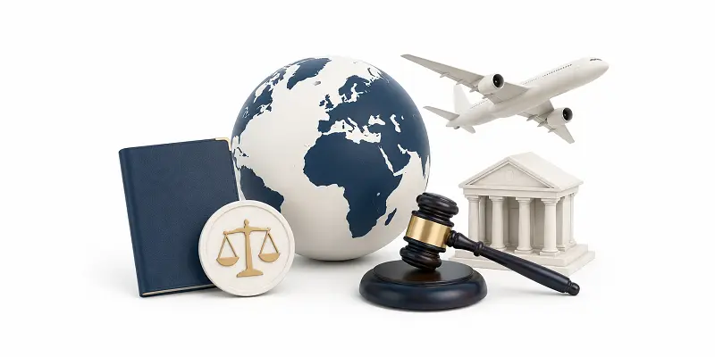 Law-related illustration showing passport, airplane, globe, courthouse and gavel representing how foreigners can pay a Turkey overstay fine from abroad through a Turkish immigration lawyer.