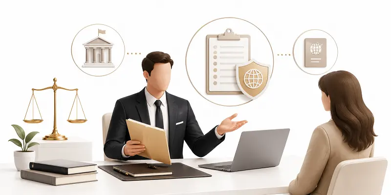 Illustration of a Turkish immigration lawyer consulting a foreign client about obtaining the official Turkey overstay fine amount from Migration Management for payment from abroad.