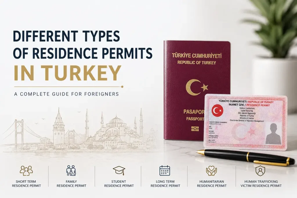 Different types of residence permits in Turkey including short-term, family, student, long-term and humanitarian residence permits for foreigners in 2026.