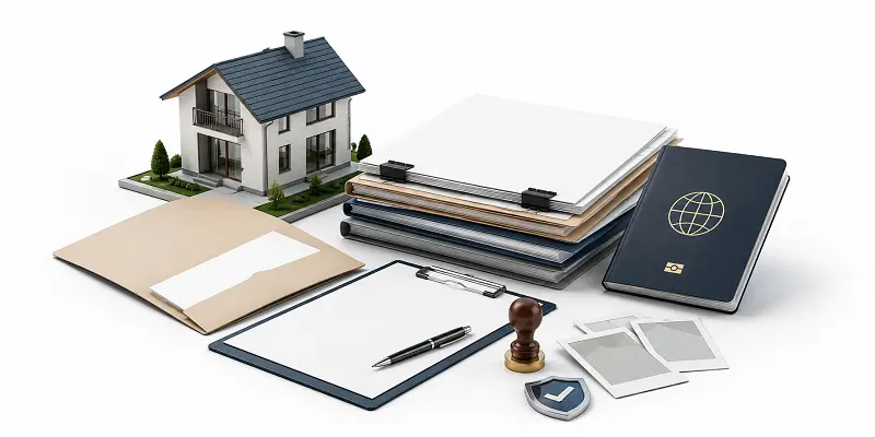 Residence Permit by Property Purchase in Turkey documents required for foreign property owners, including a passport, application forms, legal paperwork, property ownership records, and a house model used for Turkish residence permit applications.