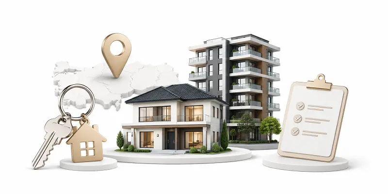 Residence Permit by Property Purchase in Turkey practical investment scenarios showing a map of Turkey, property keys, residential buildings, and a residence permit checklist illustrating real estate investment pathways for foreign investors.