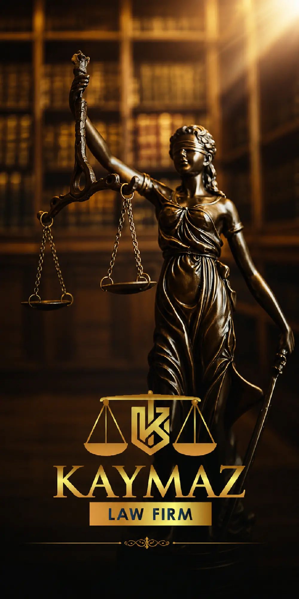 Lady Justice statue in an elegant law library with the Kaymaz Law Firm logo.