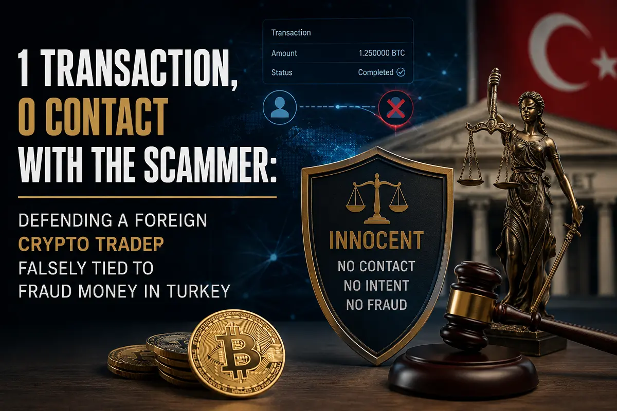 Scales of justice and cryptocurrency network illustrating a fraud defense case in Turkey involving a mistaken crypto trade