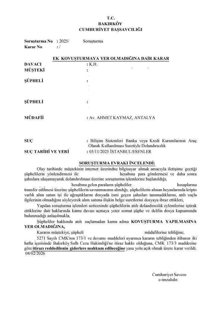 Prosecutor's non-prosecution decision clearing a foreign crypto trader of fraud charges in Turkey 