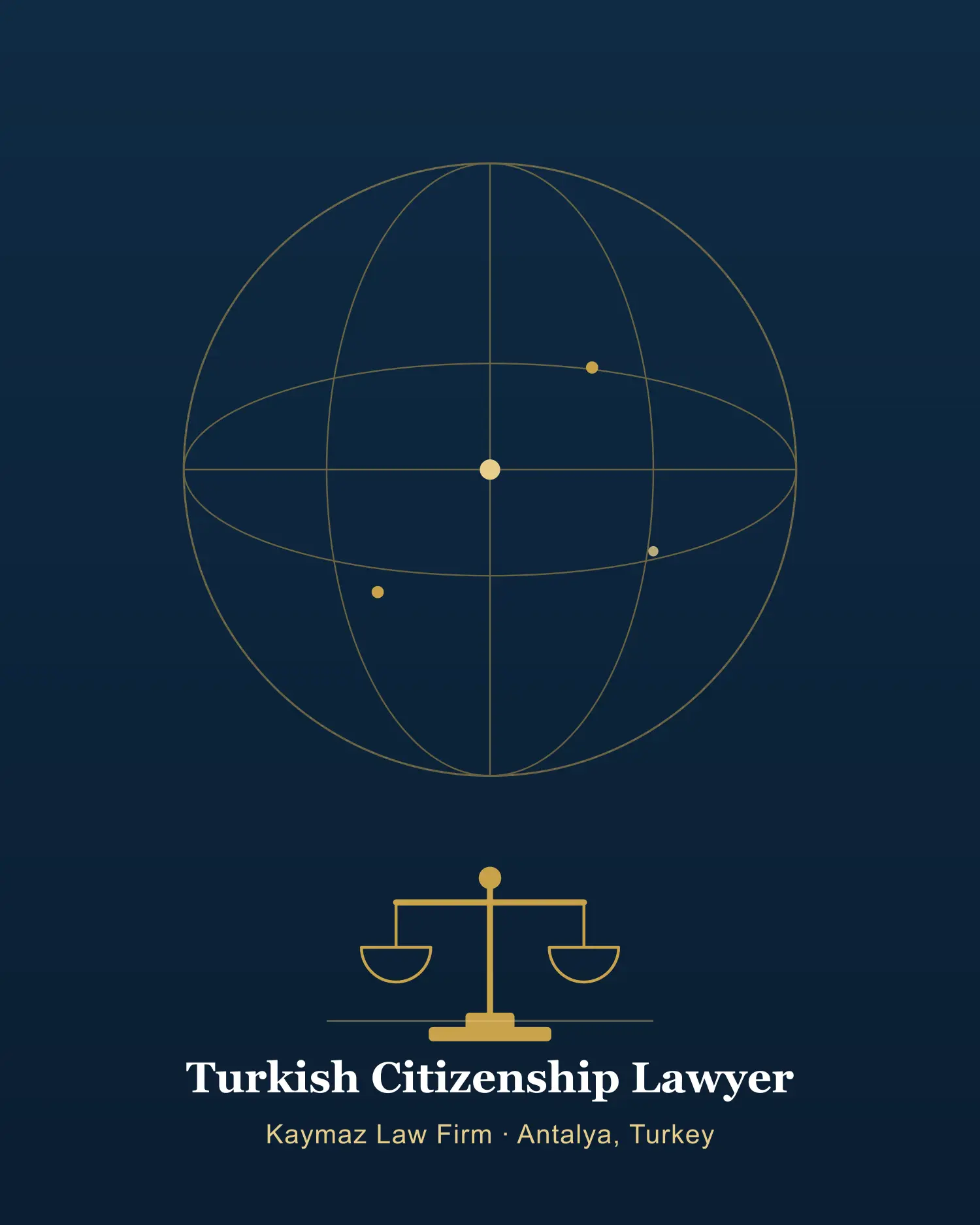 Turkish citizenship lawyer illustration with globe and scales of justice motif, Kaymaz Law Firm