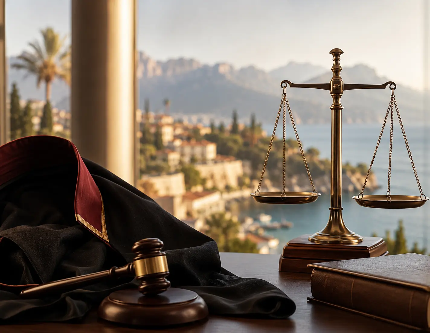 Antalya ceza avukatı ve ceza hukuku hizmetlerini simgeleyen adalet terazisi ve avukatlık cübbesi