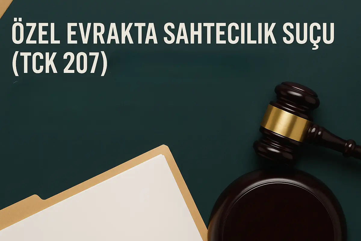 Özel evrakta sahtecilik suçu (TCK 207) ile ilgili cezaları, etkili savunma stratejileri ve beraat yollarını konu alan hukuk makalesinin öne çıkan görseli.