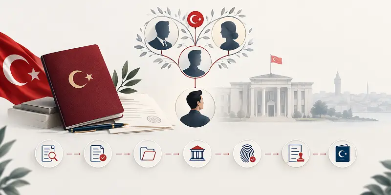 Seven-step process for Turkish citizenship by descent, from checking the Turkish parent's records to receiving a Turkish passport