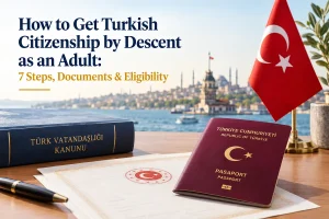 Turkish citizenship by descent for adults: Turkish passport, citizenship certificate and Turkish Citizenship Law book on a desk overlooking Istanbul