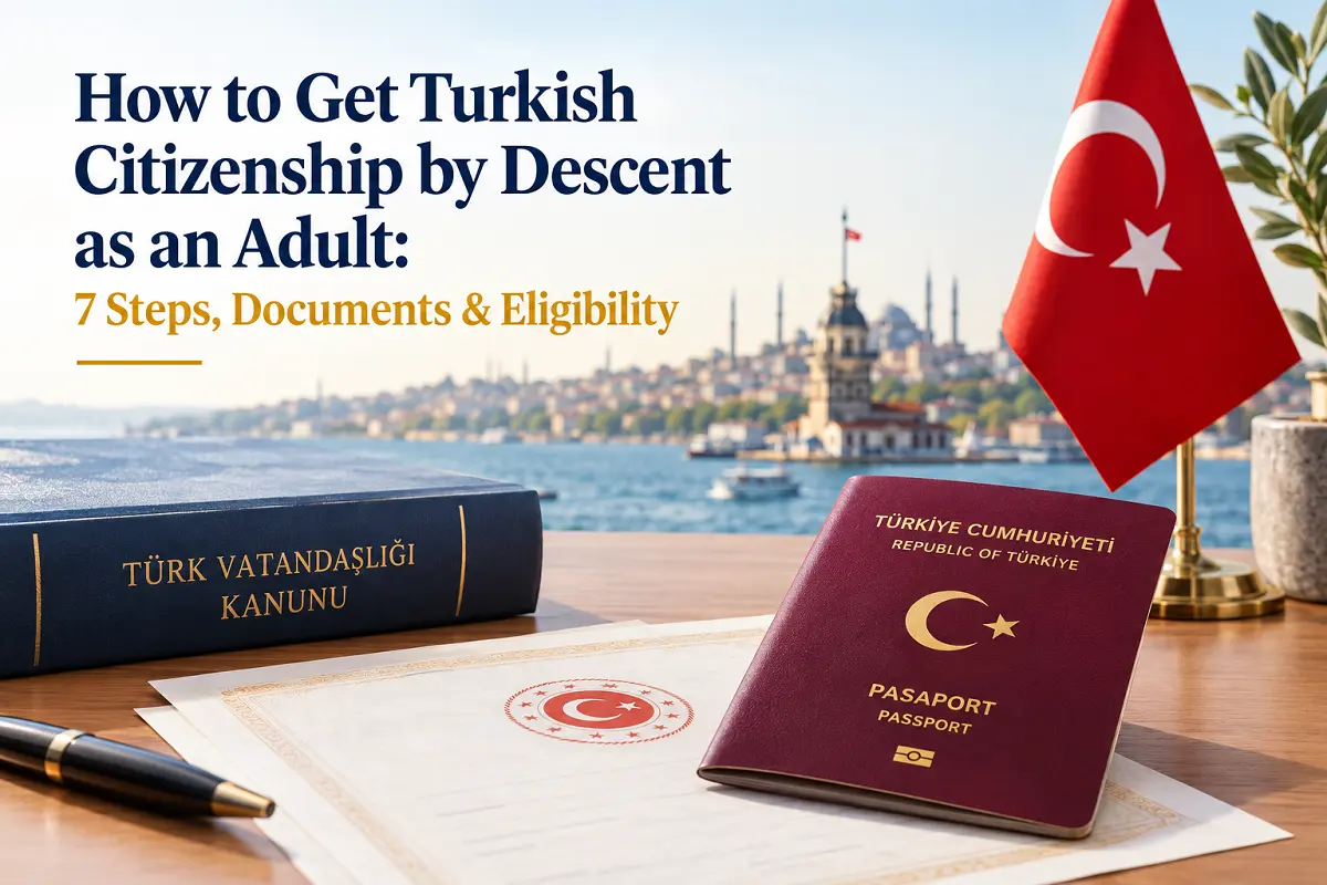 Turkish citizenship by descent for adults: Turkish passport, citizenship certificate and Turkish Citizenship Law book on a desk overlooking Istanbul