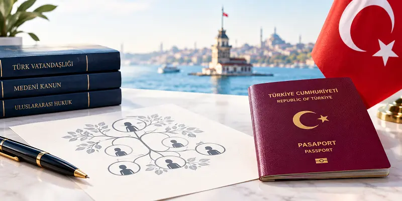 Turkish passport, family tree and books on Turkish citizenship, civil law and international law, representing the court ruling on parentage for adult applicants