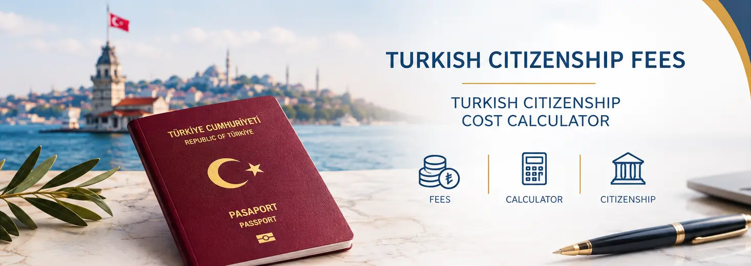 Turkish passport on a marble table with the Maiden's Tower in Istanbul, beside the title Turkish Citizenship Fees