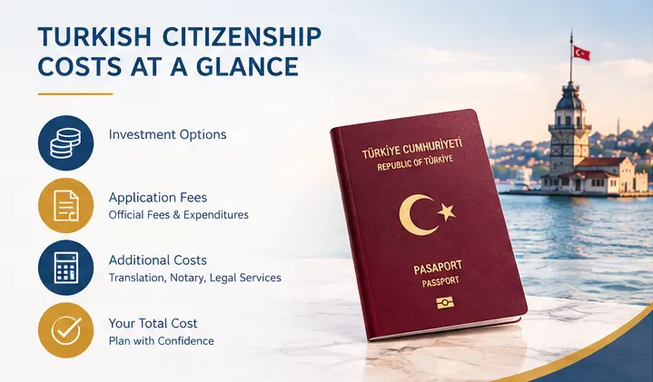 Calculator, coins and a notebook listing application fees, government fees and additional costs, with a Turkish flag