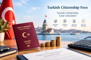 Turkish passport, coins and a calculator on a desk, with the Maiden's Tower behind and the title Turkish Citizenship Fees