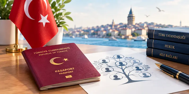 Family tree drawing beside a Turkish passport and law books on Turkish citizenship and family ties, showing how citizenship passes from parent to child