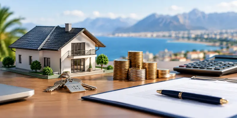 Turkey property purchase cost calculator with a coastal home, property keys, purchase documents and money.