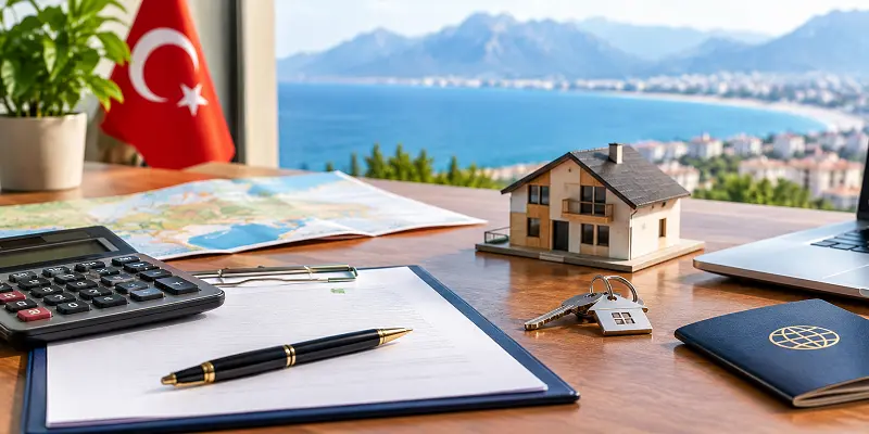 Planning Turkey real estate purchase costs with a property model, calculator, documents and keys by the coast.