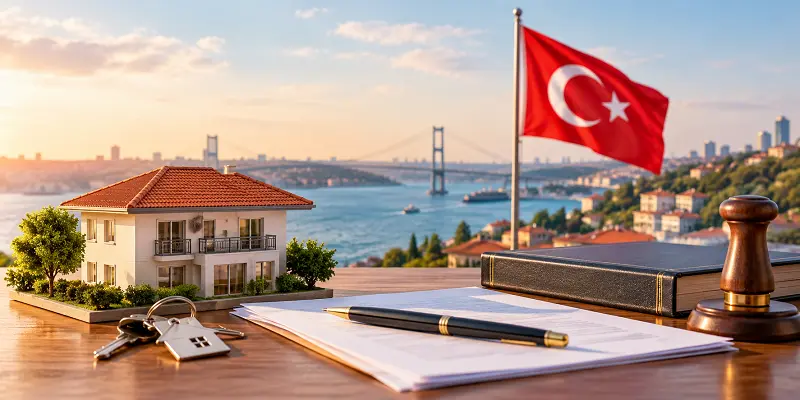 Property purchase documents and keys overlooking the Bosphorus with a Turkish home and flag.